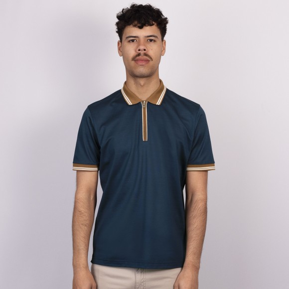 Gran Sasso Mens Blue Contrast Collar Zip Polo Shirt