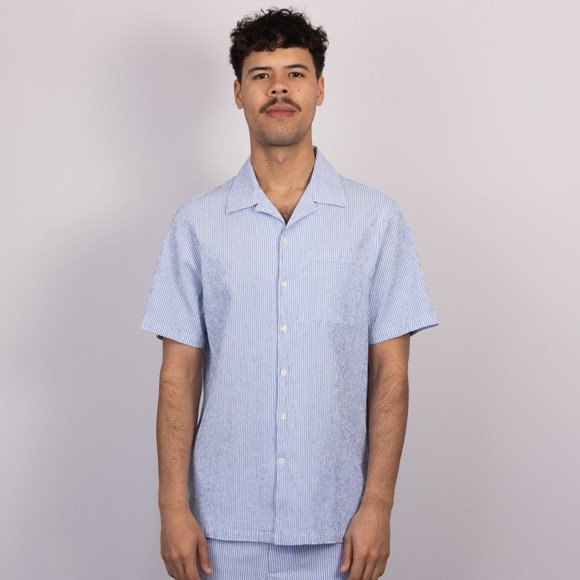 Oliver Sweeney Mens Blue Sereta Striped Seersucker Riviera Short Sleeve Shirt