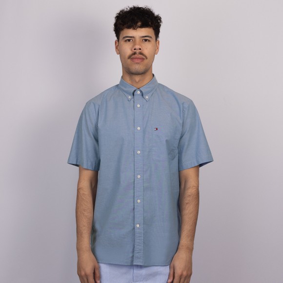 Tommy Hilfiger Mens Blue Light Oxford Solid Short Sleeve Shirt