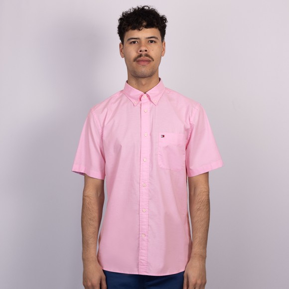 Tommy Hilfiger Mens Pink Light Oxford Solid Short Sleeve Shirt