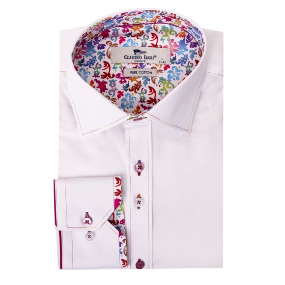 Claudio Lugli Mens White Plain Floral Trim Shirt