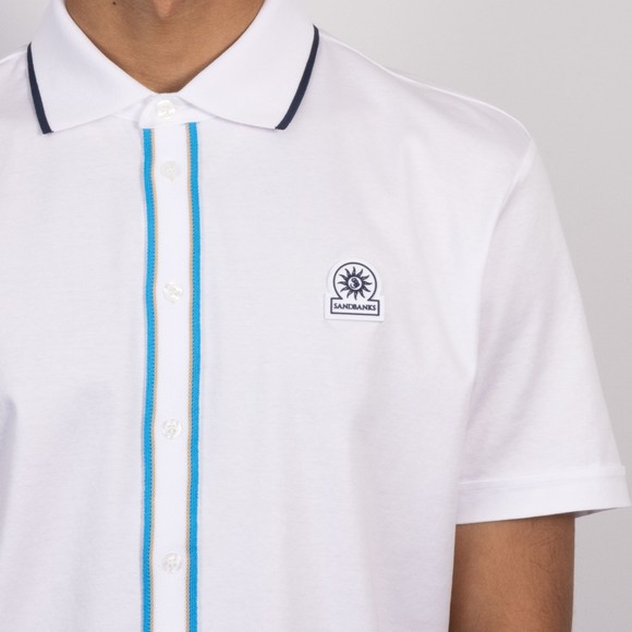 Sandbanks Mens White Contrast Tipped Full Button Interlock Polo Shirt #3