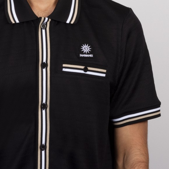 Sandbanks Mens Black Textured Full Button Jacquard Polo Shirt #3