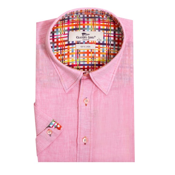 Claudio Lugli Mens Pink Pure Linen Short Sleeve Shirt