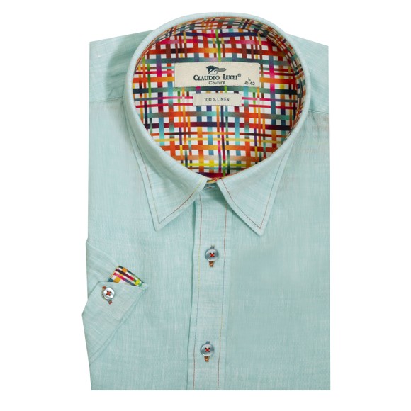 Claudio Lugli Mens Green Pure Linen Short Sleeve Shirt