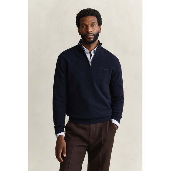Gant Mens Blue Herringbone Texture Quarter Zip Jumper main image