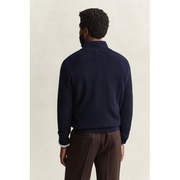 Gant Mens Blue Herringbone Texture Quarter Zip Jumper main image