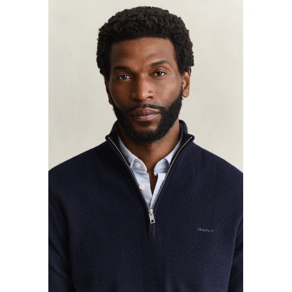 Gant Mens Blue Herringbone Texture Quarter Zip Jumper main image