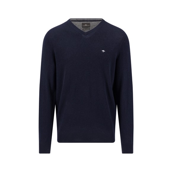 Fynch Hatton Mens Blue Merino Cashmere Knitted V-Neck Jumper main image