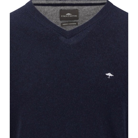 Fynch Hatton Mens Blue Merino Cashmere Knitted V-Neck Jumper main image