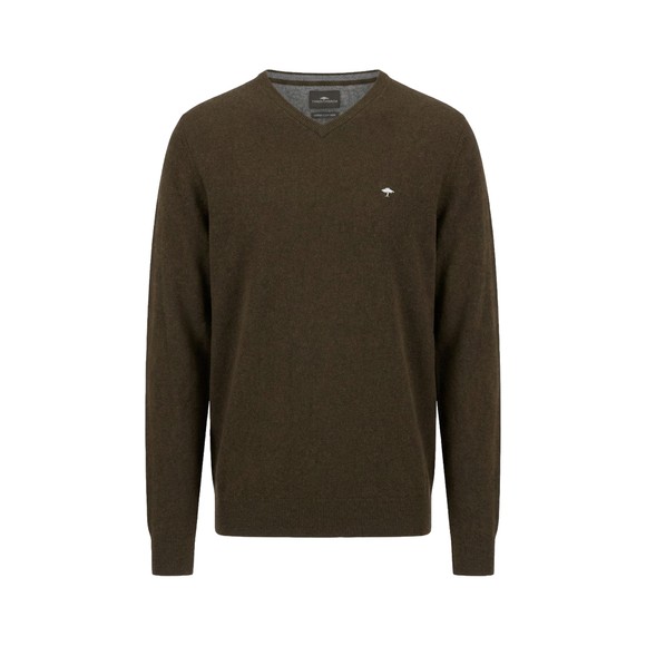Fynch Hatton Mens Brown Merino Cashmere Knitted V-Neck Jumper main image