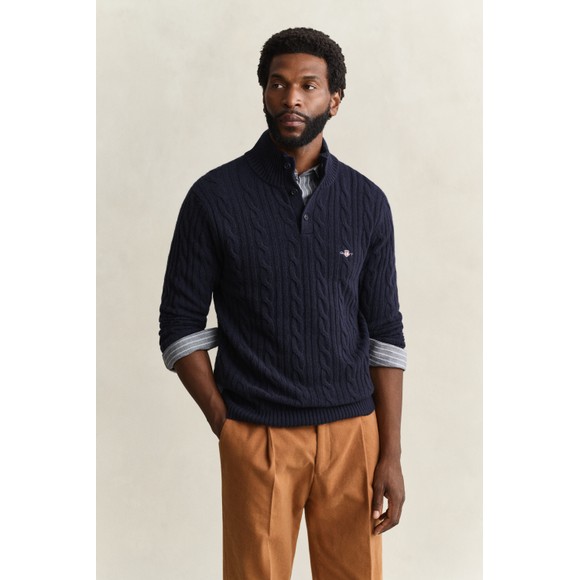 Gant Mens Blue Lambswool Cable Half Button Jumper main image