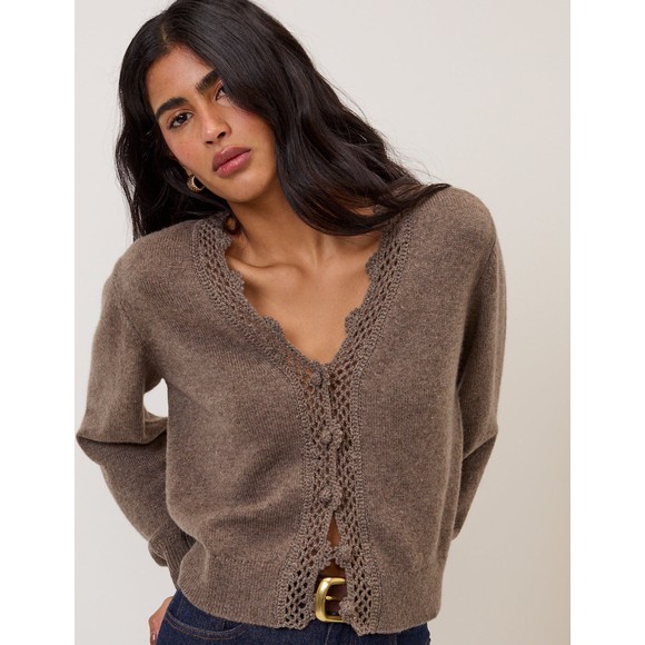 Nobody's Child Womens Brown Crochet Trim V Neck Cardigan #2