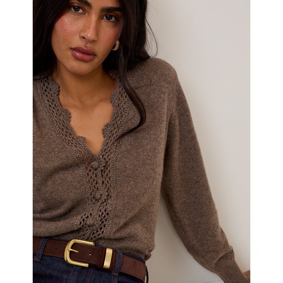 Nobody's Child Womens Brown Crochet Trim V Neck Cardigan #3