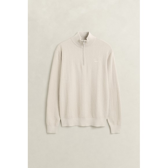 Gant Mens Beige Herringbone Texture Quarter Zip Jumper main image