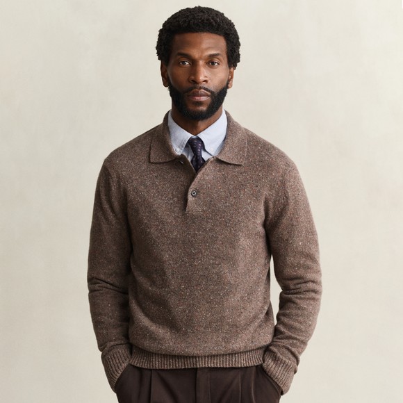 Gant Mens Brown Wool Blend Neps Long Sleeve Polo main image