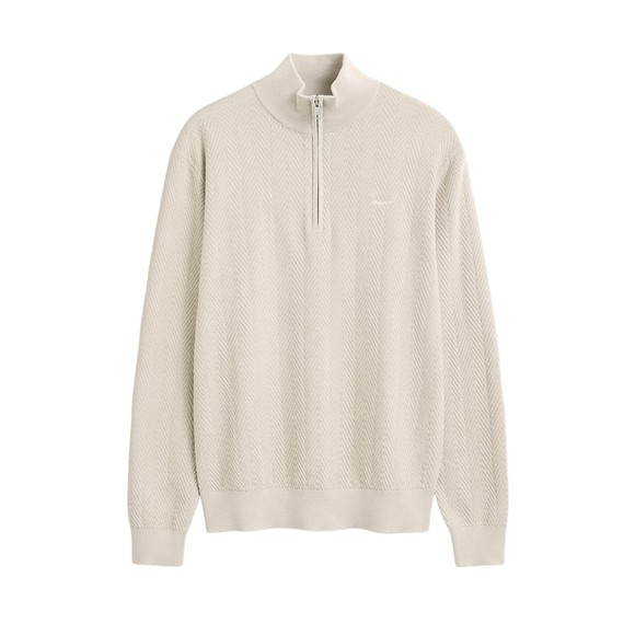 Gant Mens Beige Herringbone Texture Quarter Zip Jumper