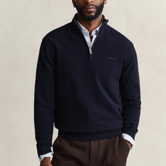 Gant Mens Blue Herringbone Texture Quarter Zip Jumper