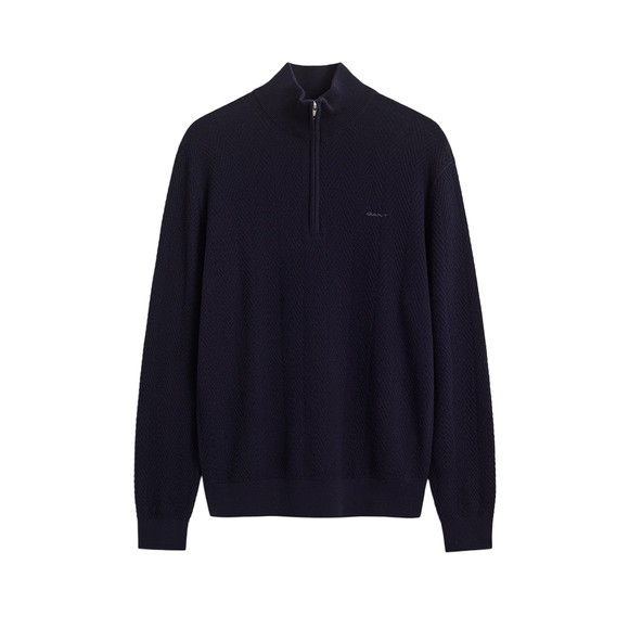 Gant Mens Blue Herringbone Texture Quarter Zip Jumper
