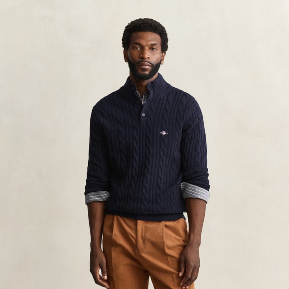 Gant Mens Blue Lambswool Cable Half Button Jumper