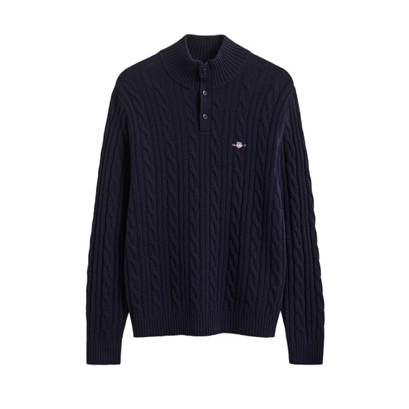 Gant Mens Blue Lambswool Cable Half Button Jumper