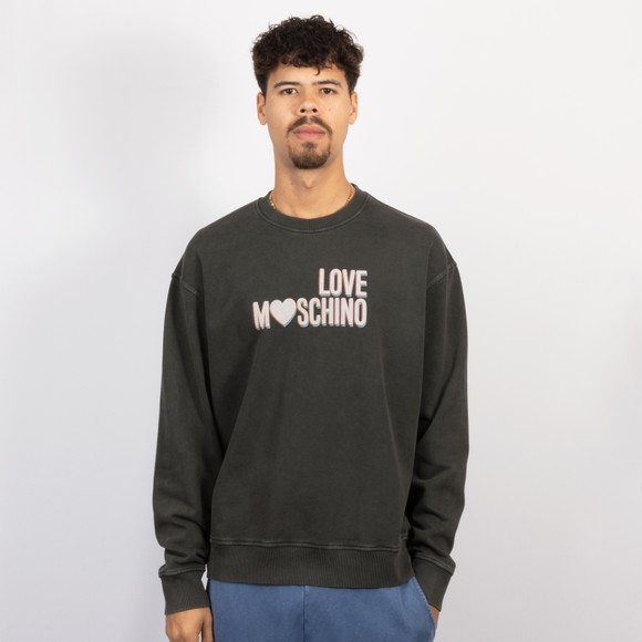 Love Moschino Mens Black Washed Large Logo Crew Neck Sweatshirt