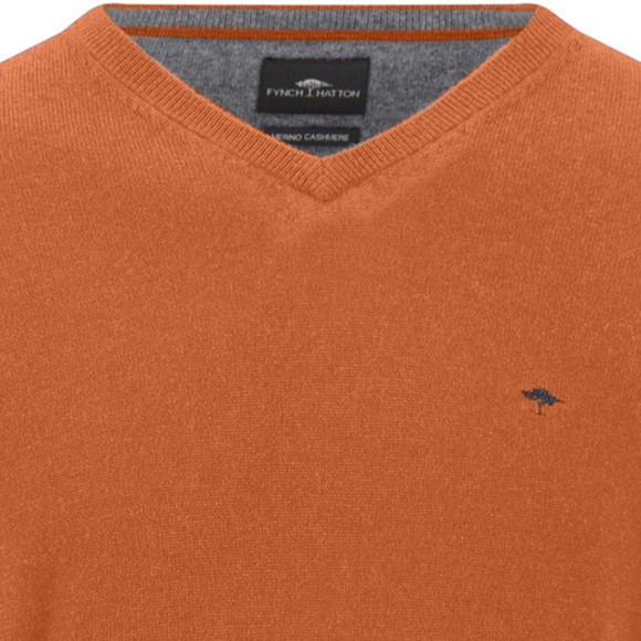 Fynch Hatton Mens Orange Merino Cashmere Knitted V-Neck Jumper