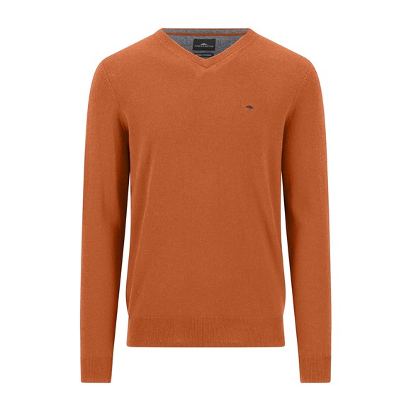 Fynch Hatton Mens Orange Merino Cashmere Knitted V-Neck Jumper