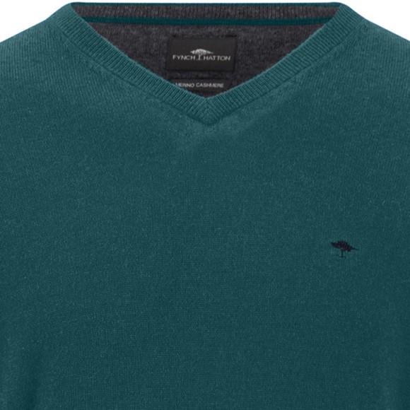 Fynch Hatton Mens Green Merino Cashmere Knitted V-Neck Jumper