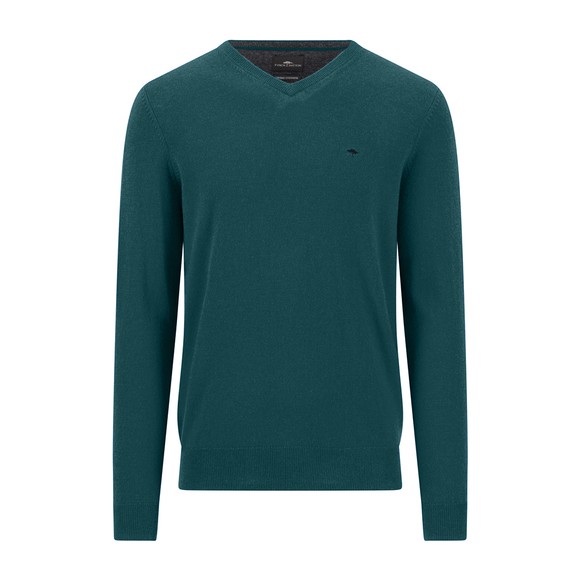 Fynch Hatton Mens Green Merino Cashmere Knitted V-Neck Jumper