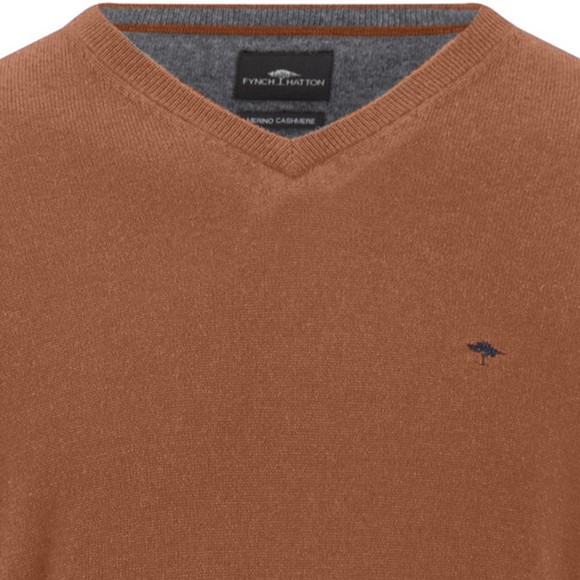 Fynch Hatton Mens Brown Merino Cashmere Knitted V-Neck Jumper