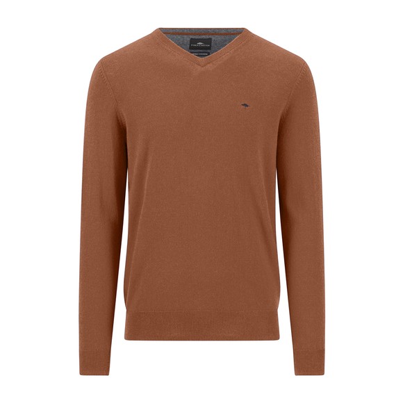 Fynch Hatton Mens Brown Merino Cashmere Knitted V-Neck Jumper