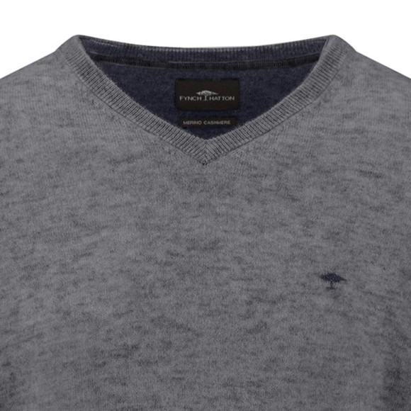 Fynch Hatton Mens Grey Merino Cashmere Knitted V-Neck Jumper