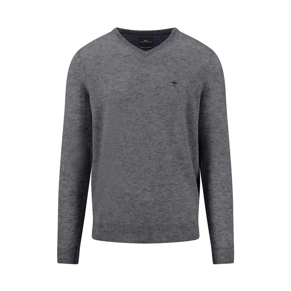 Fynch Hatton Mens Grey Merino Cashmere Knitted V-Neck Jumper
