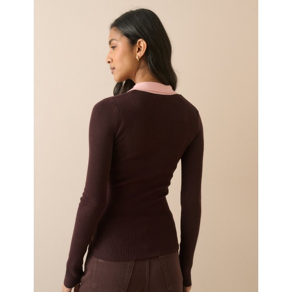 Nobody's Child Womens Brown Contrast Collar Ribbed Polo Top #3