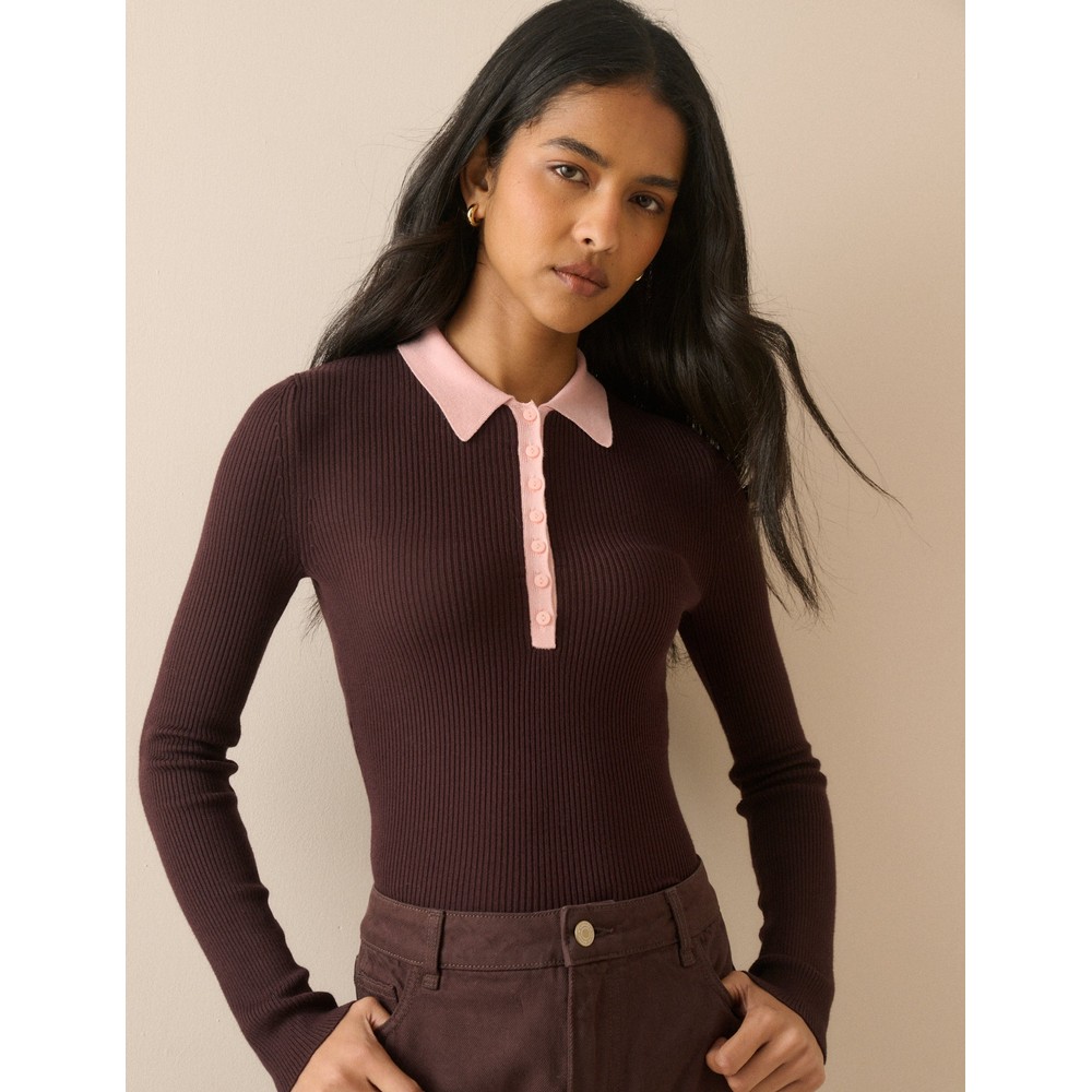 Contrast Collar Ribbed Polo Top