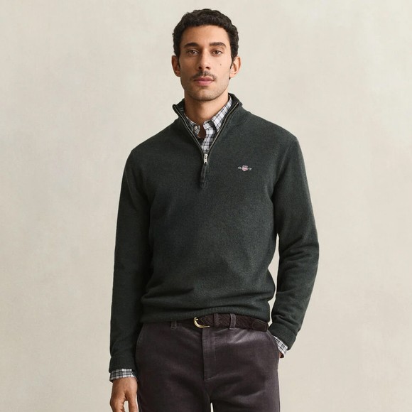 Gant Mens Green Superfine Lambswool Half Zip Jumper
