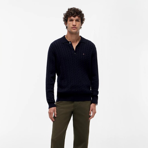 Tommy Hilfiger Mens Blue Classic Cotton Cable Long Sleeve Polo