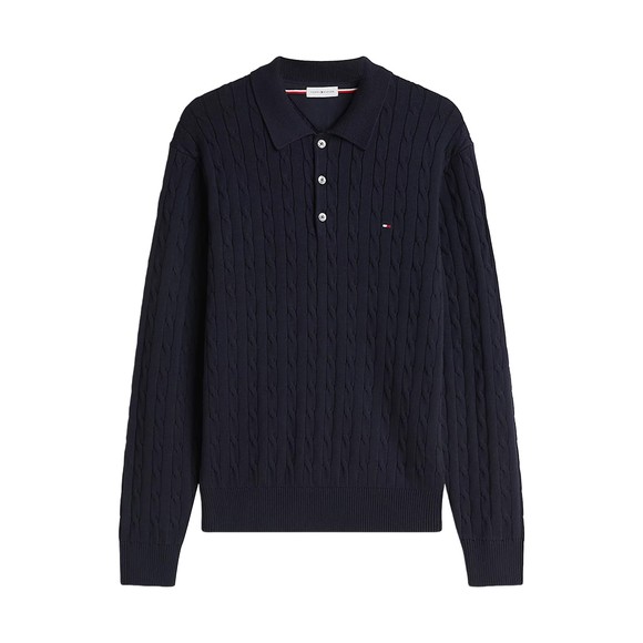 Tommy Hilfiger Mens Blue Classic Cotton Cable Long Sleeve Polo