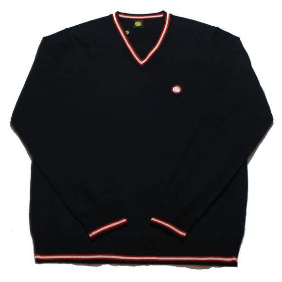 Pretty Green Mens Blue Pretty Green Tipped Navy/Red V Neck Merino Jumper main image
