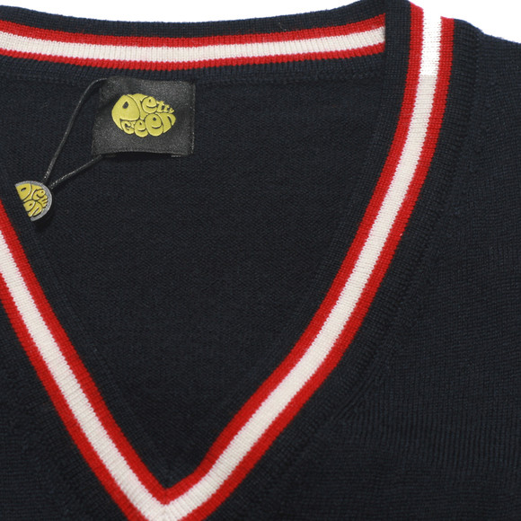 Pretty Green Mens Blue Pretty Green Tipped Navy/Red V Neck Merino Jumper main image